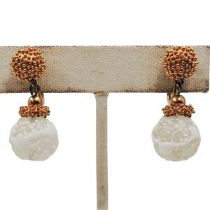 Vintage 1960s Signed Napier White Art Glass Drop Clip Earrings